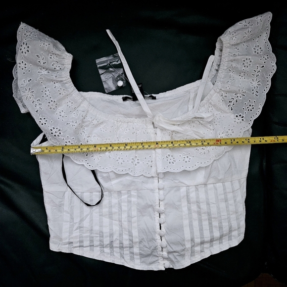 Forever 21 White Eyelet Ruffle Off The Shoulder Open Crop Top Sz XS 100% Cotton - Picture 6 of 7